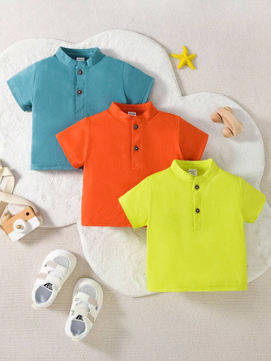 Baby Boy Vintage Cool-Three Color Standing Collar Button-Down Short Sleeve Shirt, Spring/Summer - Multicolor - View 1