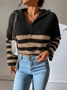 Flirla Women's Striped Half Zip Pullover Sweater, Suitable For Spring And Autumn,Long Sleeve Tops, Knit Pullover Fall Winter - Multicolor - View 3