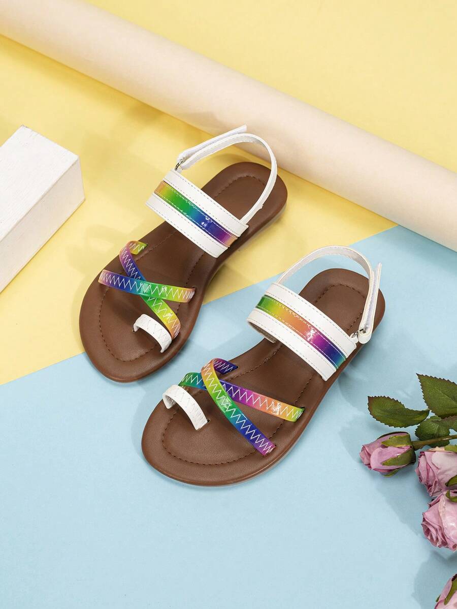 Cute Rainbow Color Soft Bottom Anti-Slip Sandals For Girls, Popular In Multicolor Toddler Girls' Shoes - White - View 1