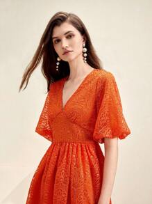 Anewsta Elegant Gathering Texture Lace Women Orange V-Neck Cinched Waist Umbrella-Shaped A-Line Dress - Orange - View 6