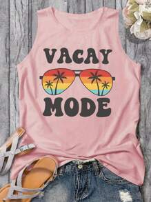 SHEIN LUNE 女款椰樹&字母印花圓領休閒背心,夏季適用 - 藕粉色 - 查看 1