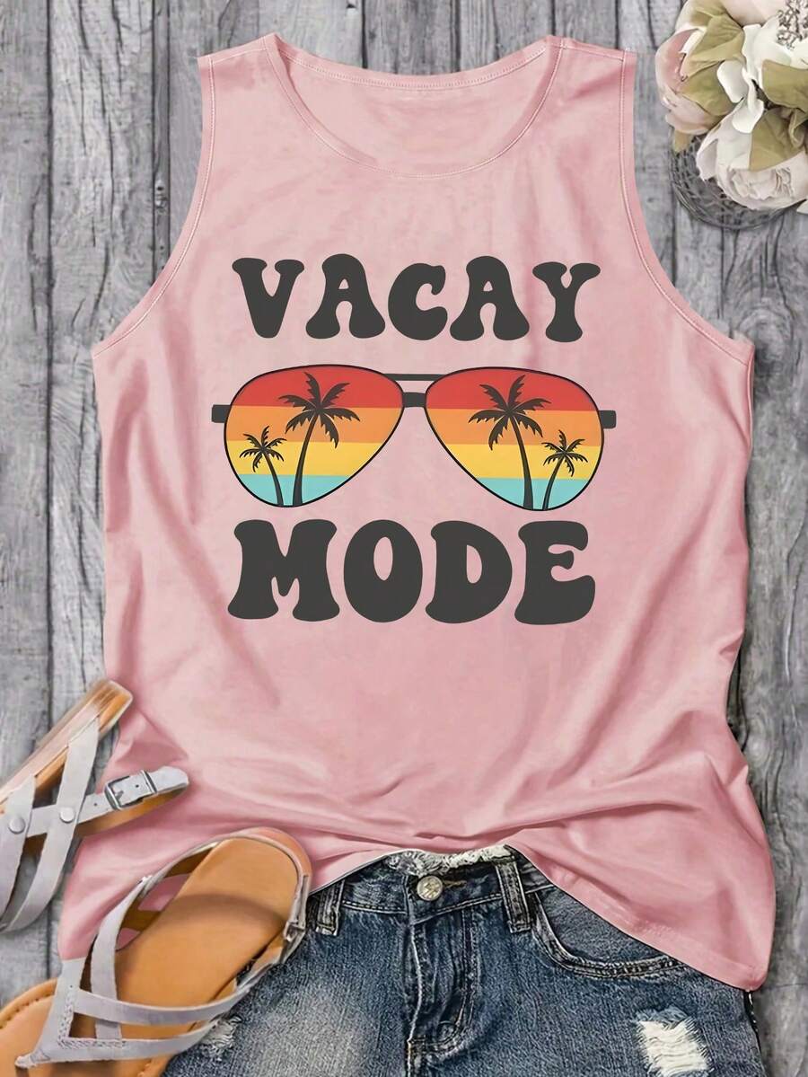 SHEIN LUNE 女款椰樹&字母印花圓領休閒背心,夏季適用 - 藕粉色 - 查看 1