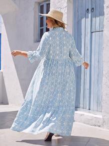 SHEIN VCAY 夏季大码女士假日蓝白几何印花沙滩裙 - 藍白色 - 查看 2