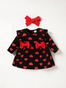 SHEIN Bé gái sơ sinh Giải trí Đơn giản Tim In Xù Hoa Sen Tay áo dài Đầm Với dây buộc tóc - màu đen - Xem 1