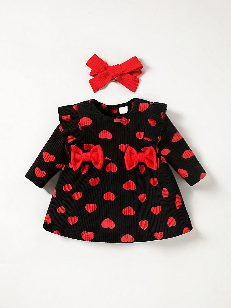 SHEIN Bé gái sơ sinh Giải trí Đơn giản Tim In Xù Hoa Sen Tay áo dài Đầm Với dây buộc tóc - màu đen - Xem 1