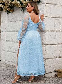 Simplee Plus Size Contrast Mesh Embroidery Detail Open Slit Sweetheart Neck Evening Gown