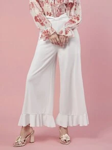 Enchnt Women's Fashionable Bowknot Summer Spring Elegant Romantic Wide Leg Pants With Ruffled Hem - White - View 3