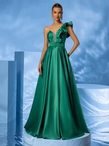 YISIKADO Rochie de bal cu strasuri fără mâneci cu tivul cu volan din satin, rochie de bal elegantă, cu curea, rochie lungă pentru femei, invitați la nuntă, petrecere de aniversare, absolvire - Verde - Vizualizare 1