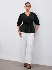 BizChic Camisa A-line Casual De Talla Grande Con Cordón De Botones Frontales Y unicolor - Negro - Ver 8