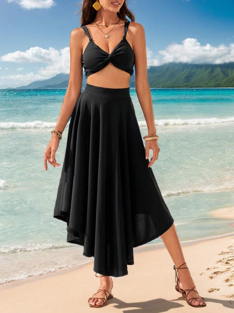 Vacation Solid Color Twist Crop Top And Skirt Set