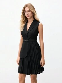 BizChic Đầm không tay xếp ly cổ trơn màu cho nữ, trang phục công sở/làm việc - màu đen - Xem 3