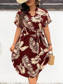 SHEIN Frenchy Kích thước lớn Của phụ nữ Ngày lễ Bầu không khí Cổ v tay cánh Đầm Với Bản in lá - Đỏ - Xem 3