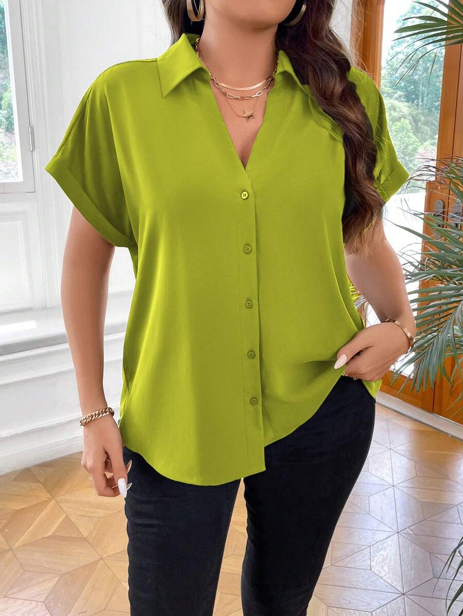 Vionelle Camisa De Talla Grande Con Mangas De Murciélago De Color Sólido - Verde Oliva - Ver 1