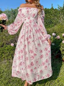Breezaya Women's Off Shoulder Chiffon Printed French Elegant Dress, Suitable For Summer Maxi Vacation Beach Outfit - Pink - View 6