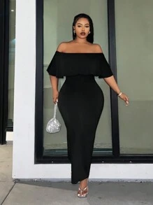 Slaydiva Plus Size Elegant Solid Color Bodycon Off Shoulder Dress For Party, Vacation, Date - Black - View 3