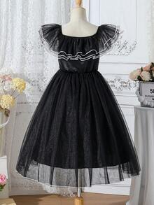 SHEIN Vestido De Malla De Encaje Multicapa De Cuello Cuadrado Para Niñas Tween - Negro - Ver 2