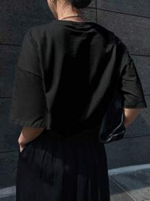 DAZY 宽松字母印花圆领短袖女式T恤保持微笑能量态度为您带来美好时光夏季超大T恤，图案T恤 - 黑色 - 查看 2