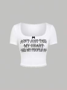SHEIN Qutie Của phụ nữ Mùa hè Ren Vá lại Slogan In Ngắn tay Giải trí Áo thun - trắng - Xem 3