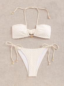 SHEIN Swim 夏季海灘女士純色質感領口比基尼套裝