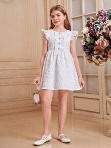 SHEIN Tween Girls' Jacquard Ruffle Trim Dress With Button And Flutter Sleeve Details
