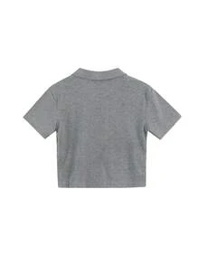 女式修身 Polo 领纯色短袖休闲 T 恤，前拉链，百搭短款，夏季