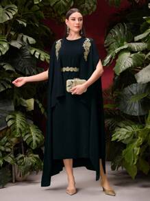 Modelyn Women's Embroidery Poncho And Sleeveless Dress Set 2 Pieces Set - Black - View 3