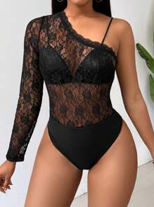 SHEIN Slayr Ladies' Summer One Shoulder Long Sleeve Lace Bodysuit - Black - View 5