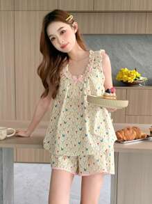 DAZY Retro vui tươi In hoa Xù Hoa Sen Bộ mặc nhà , Thích hợp Cho mùa hè - Nhiều màu - Xem 6
