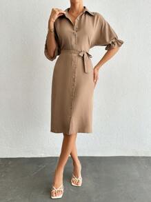 RueChic Belted Dress With Gathered Sleeves - Beige - View 1