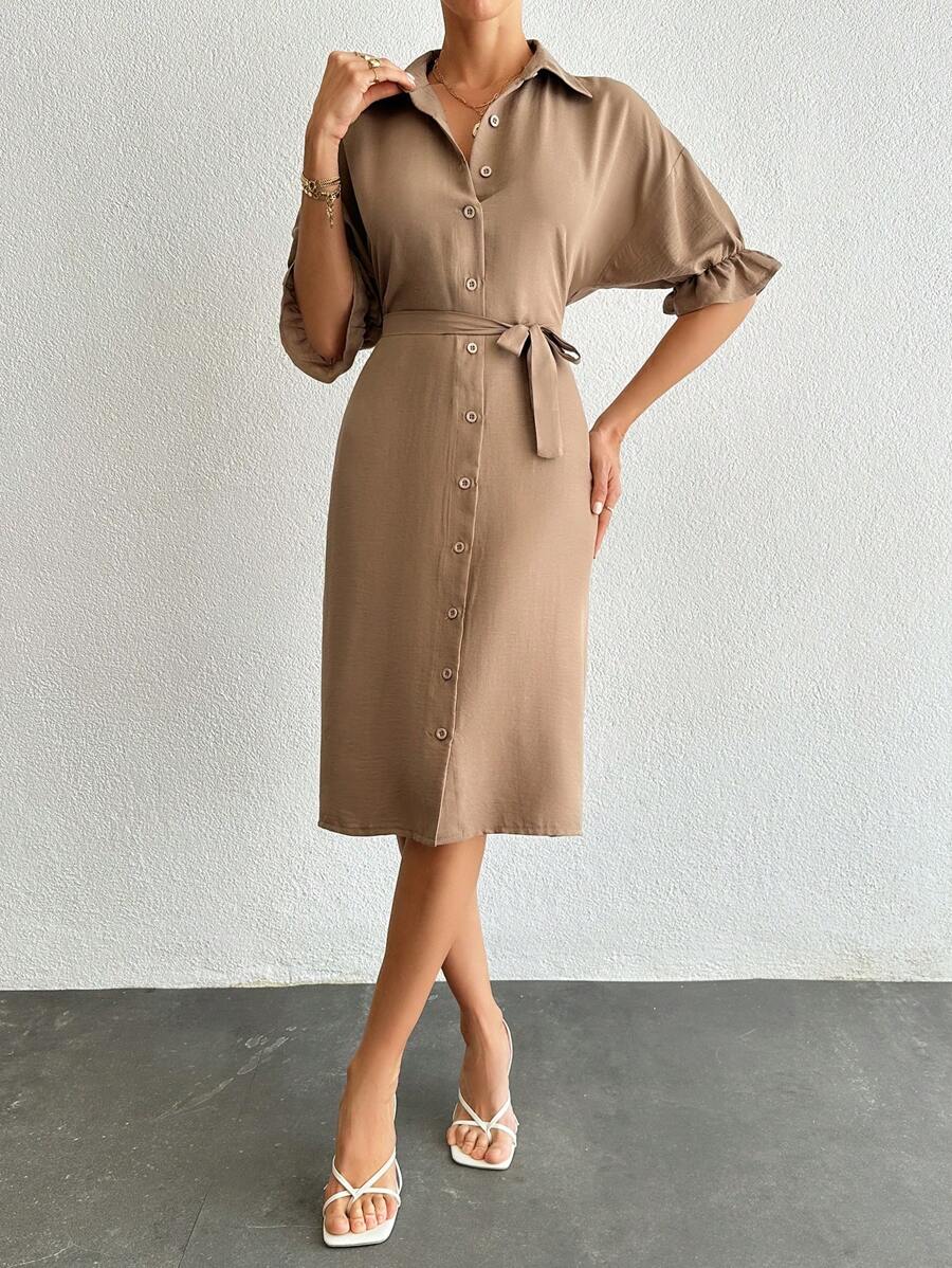 RueChic Belted Dress With Gathered Sleeves - Beige - View 1