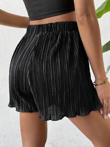 Firerie Short de verano negro, elegante y versátil para mujer, con pliegues lisos, cintura elástica de pierna ancha, ideal para salidas casuales y vacaciones - Negro - Ver 2