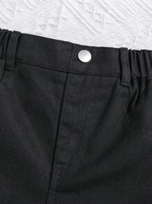 SHEIN 少女四季百搭時尚甜美涼爽寬腿丹寧連身褲,大口袋設計 - 黑色 - 查看 3