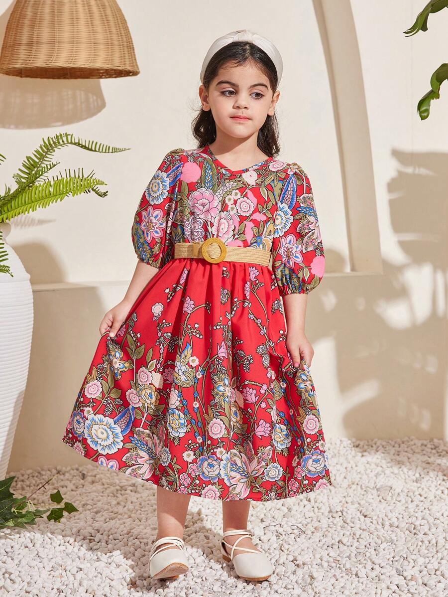 SHEIN Young Girl Printed V-Neck 3/4 Sleeve Dress With Floral Design - Red - View 1
