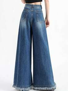 女士时尚不对称口袋阔腿牛仔裤 - 中等水洗藍 - 查看 2