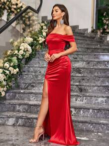 SHEIN Belle Vestido de dama de honor con corte lateral y escote descubierto de unicolor para boda, vestido de gala para mujer - Rojo - Ver 4