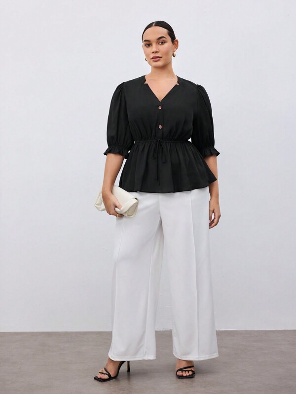 BizChic Plus Size Solid Color Front Button Casual Drawstring A-Line Shirt