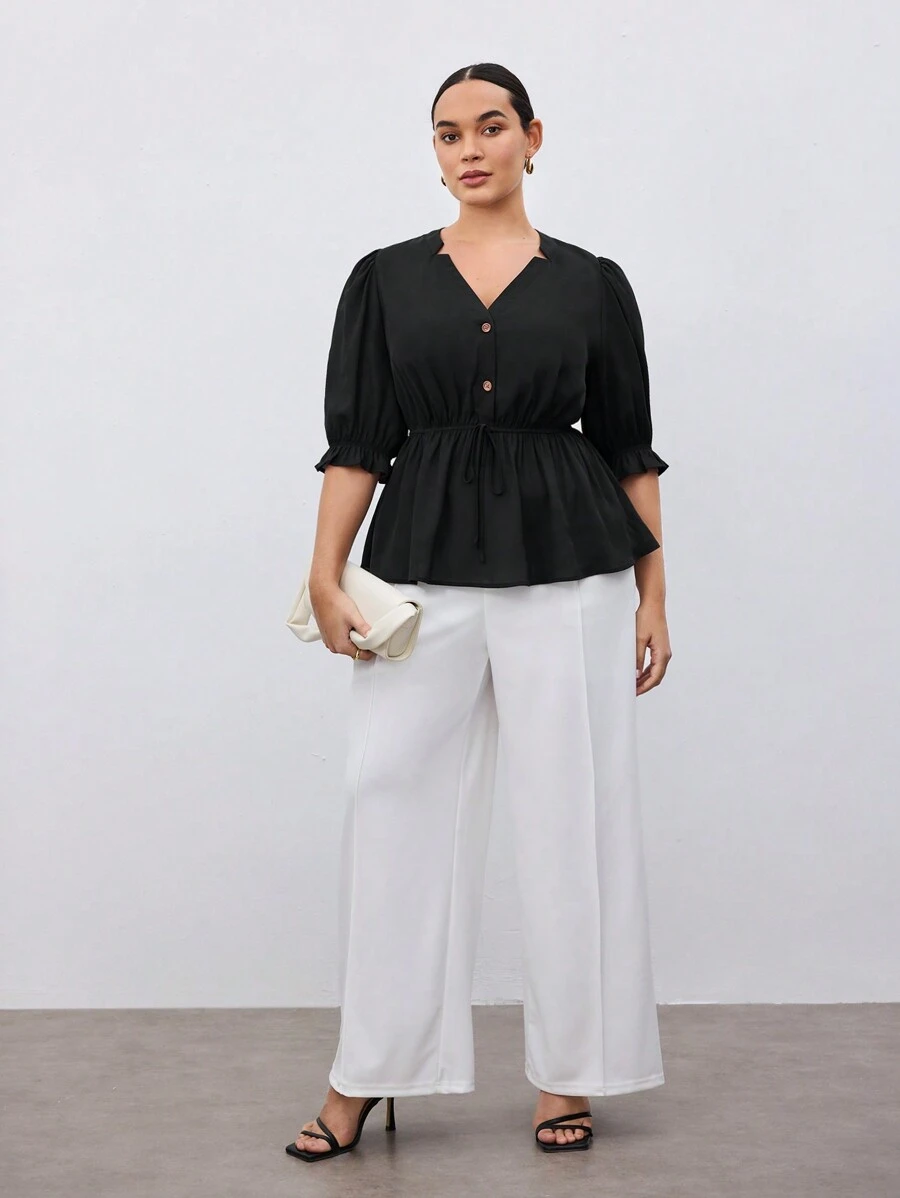 BizChic Camisa A-line Casual De Talla Grande Con Cordón De Botones Frontales Y unicolor - Negro - Ver 1
