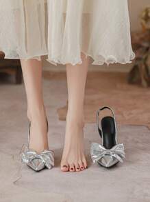 Nữ Thắt Nơ Bạc Giày Cao Gót Sang Trọng Gợi Cảm Mũi Nhọn Dép Nhọn Thích Hợp Cho Các Bữa Tiệc Và Những Dịp Trang Trọng - Bạc - Xem 3