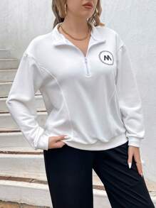 SHEIN Sports 大碼寬鬆字母印花半拉鍊運動帽衫