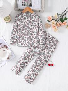 Young Girls Spring & Autumn Floral Print Long Sleeve And Long Pants Homewear 2pcs/Set, Snug Fit - Multicolor - View 2