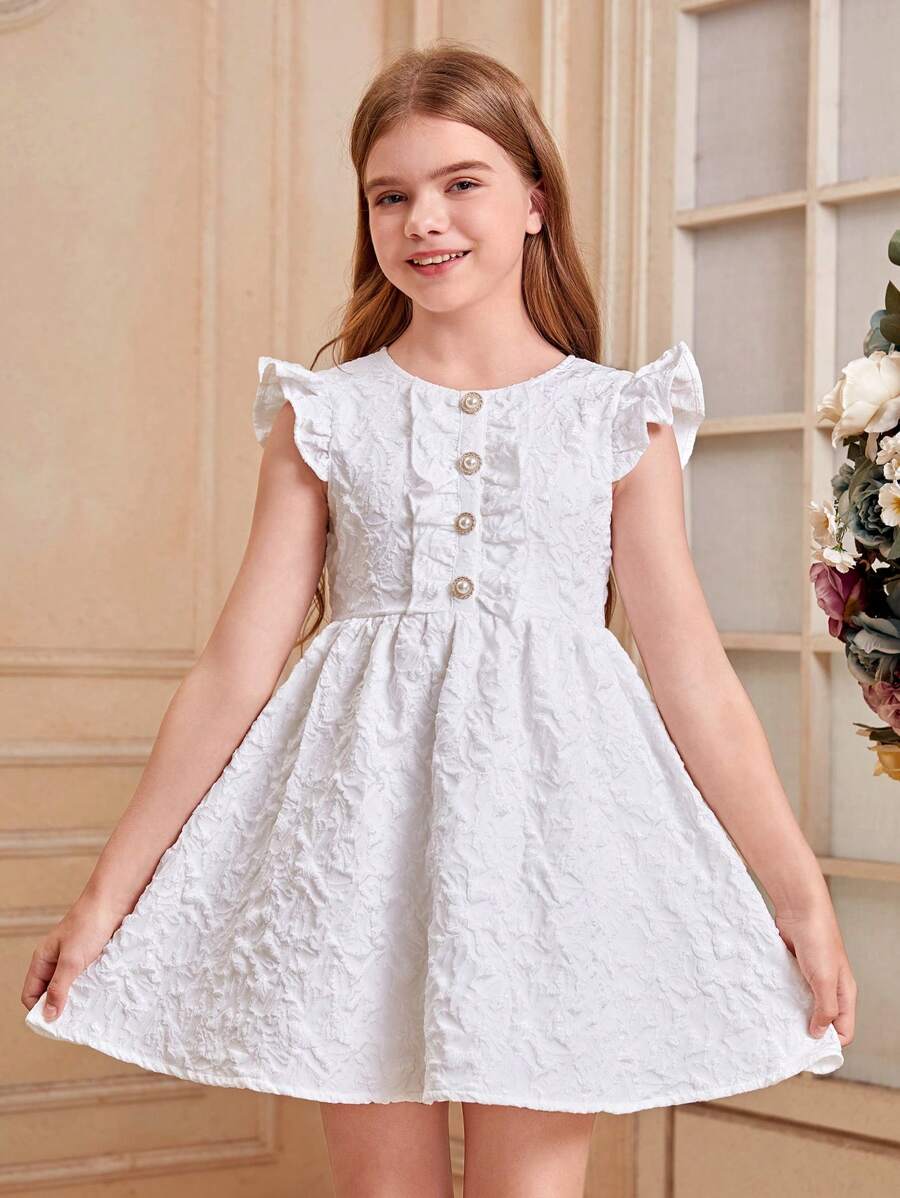 SHEIN Tween Girls' Jacquard Ruffle Trim Dress With Button And Flutter Sleeve Details