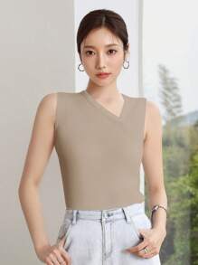 DAZY Sleeveless Solid Color Business Casual Women Knit Top - Khaki - View 3