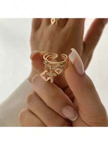 1pc Fashionable Cross Shaped Ring Decorated With Cubic Zirconia, Perfect For Women's Daily Wear - Gold - View 2