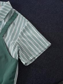 SHEIN Tween Boys' Loose Fit Casual Striped Turn-Down Collar 2 In 1 Short Sleeve Shirt - Green - View 5