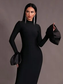 Modphy New Black Sexy Mock Neck Flare Long Sleeve Dress, High Collar Form Fitting Bodycon Gown For Women, Wedding Party, Special Occasion Eid Al Fit Dress,Formal,Evening,Wedding Guest - Black - View 8