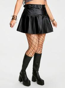 ROMWE Hippie Plus Size Faux Leather Pleated Skirt Suitable For Summer - Black - View 3