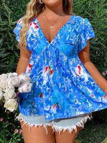 Flirla 植物印花加大號深v領襯衫 - 藍色 - 查看 7