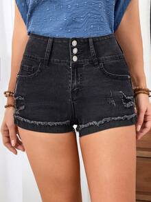 SHEIN LUNE 女性鈕扣縫邊牛仔短褲 - 黑色 - 查看 5