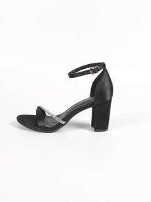 Sandalias de fiesta con tacón alto, elegantes y cómodas, con detalles de pedrería brillante y tacón grueso, ideales para looks de San Valentín, primavera y verano - Negro - Ver 4