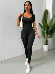 VaVaBold Solid Color Round Neck Short Sleeve Unitards - Black - View 5